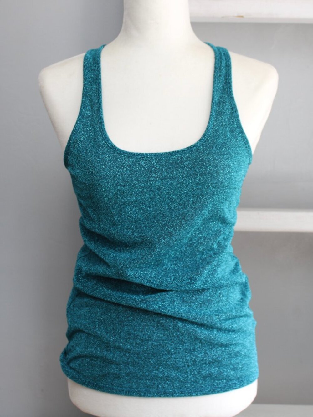 EXPRESS Shimmery Metallic Turquoise Festive Semi-Sheer Racerback Tank Top Medium